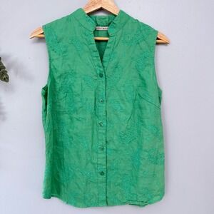 Peter Martin Blouse Cottagecore Earth Green Paisley Embroidered Linen Button Up
